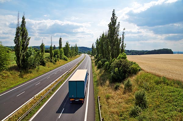 The rural landscape with a highway leading poplar alley, truck driving down the highway, view from above